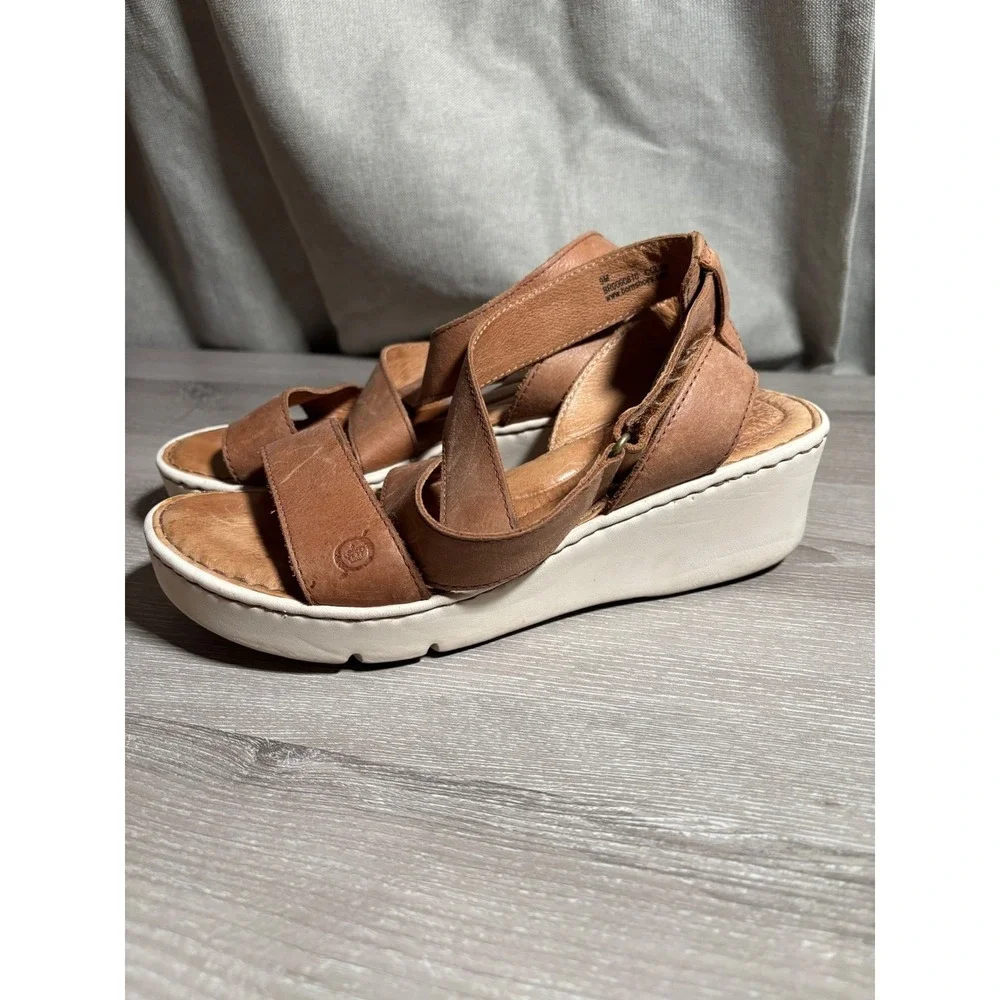 Born Womens 9 M Tan Brown Leather Cross Strap Wedge Sandals Boho Beach Festival
